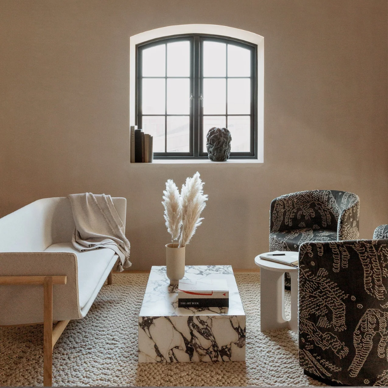 calacatta viola marble coffee table in a living room