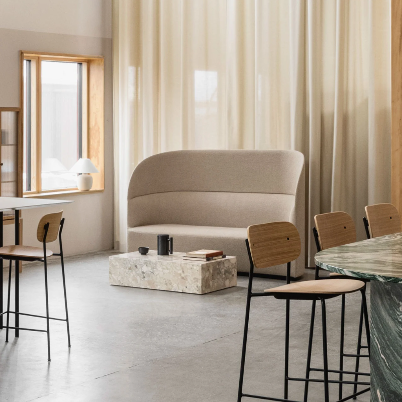 Beige marble coffee table in a open concept living space