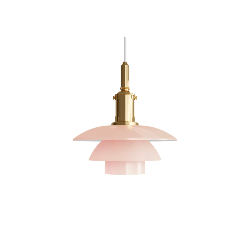 the PH 3/3 Pale Rose Pendant boasts beautiful, mouthblown pale rose glass shades, that are sandblasted on the underside to provide optimal light.