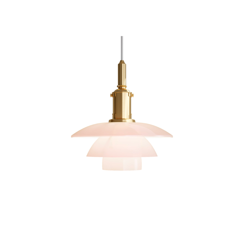 the PH 3/3 Pale Rose Pendant boasts beautiful, mouthblown pale rose glass shades, that are sandblasted on the underside to provide optimal light.
