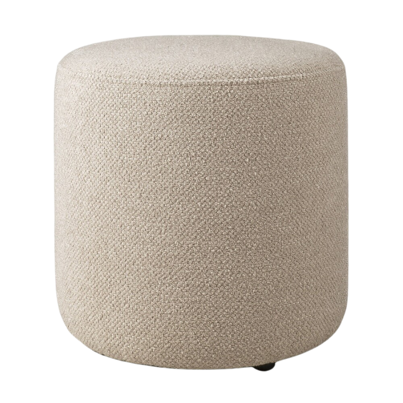 The Barrow Pouf from Ethnicraft in the small 15.5 inch size and off white fabric.