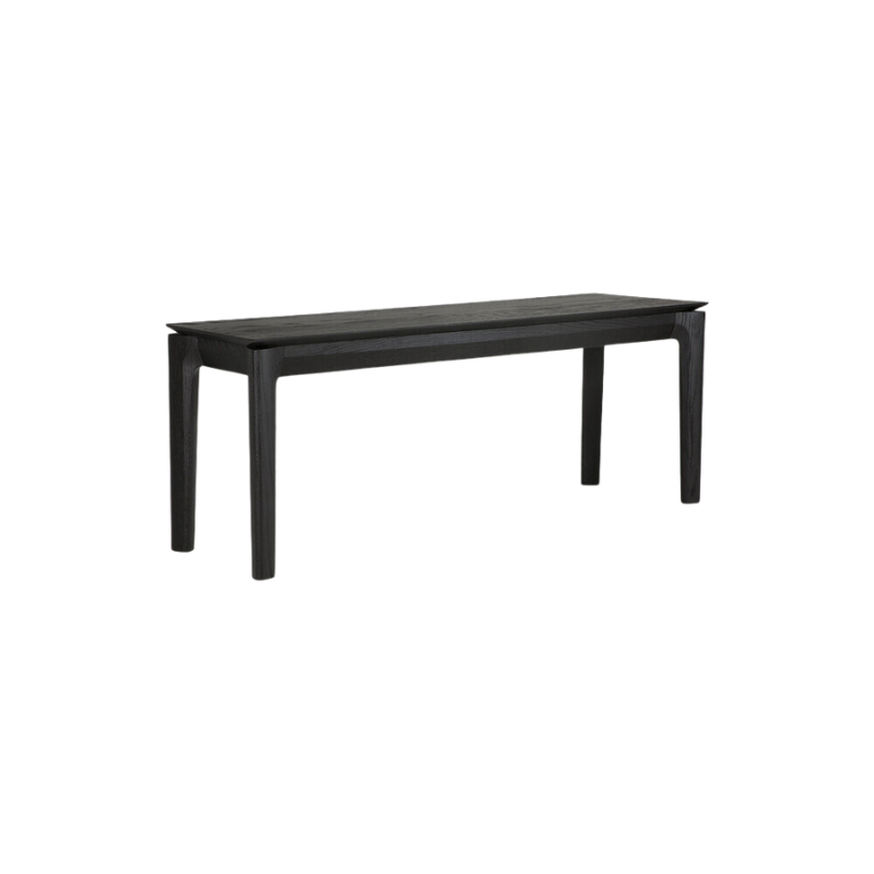 The Bok Bench from Ethnicraft in the black oak finish and 57.5 inch length from a side angle.