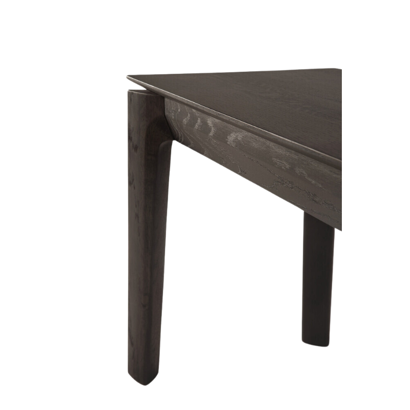 The Bok Bench from Ethnicraft in the brown oak finish with a close up on the legs of the bench.