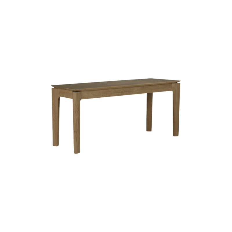 The Bok Bench from Ethnicraft in the teak finish and 49.5 inch length from a side angle.