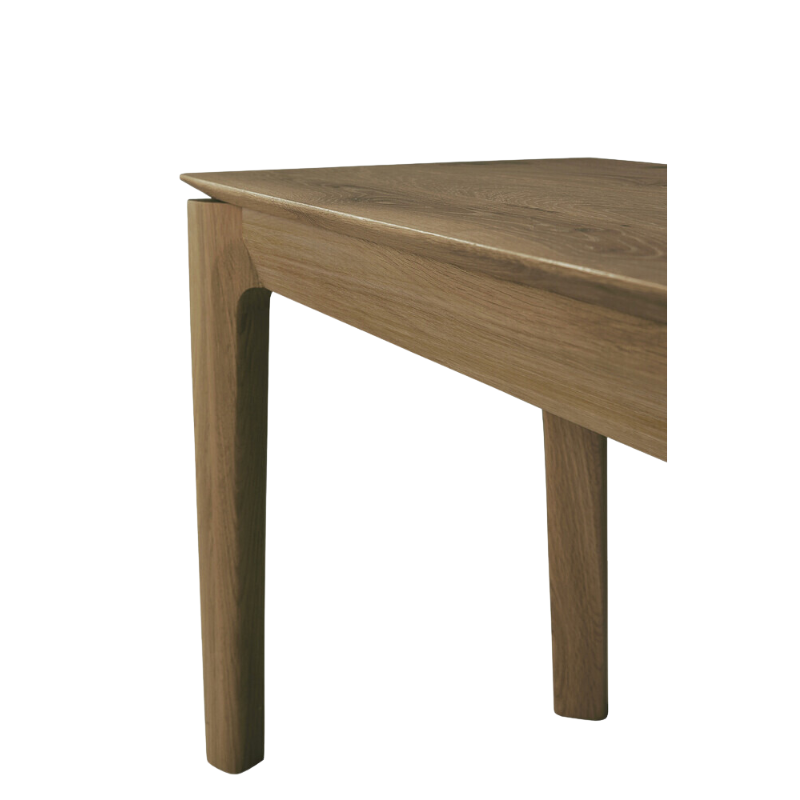 The Bok Bench from Ethnicraft in the teak finish with a close up on the legs of the bench.