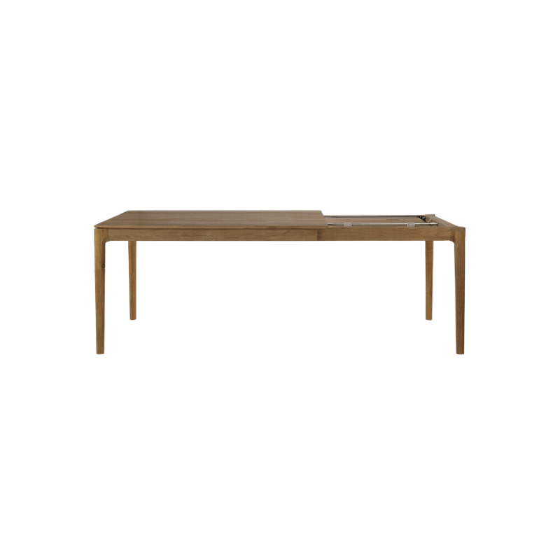 The Bok Extendable Dining Table from Ethnicraft in teak which extends from 55 to 87 inches.