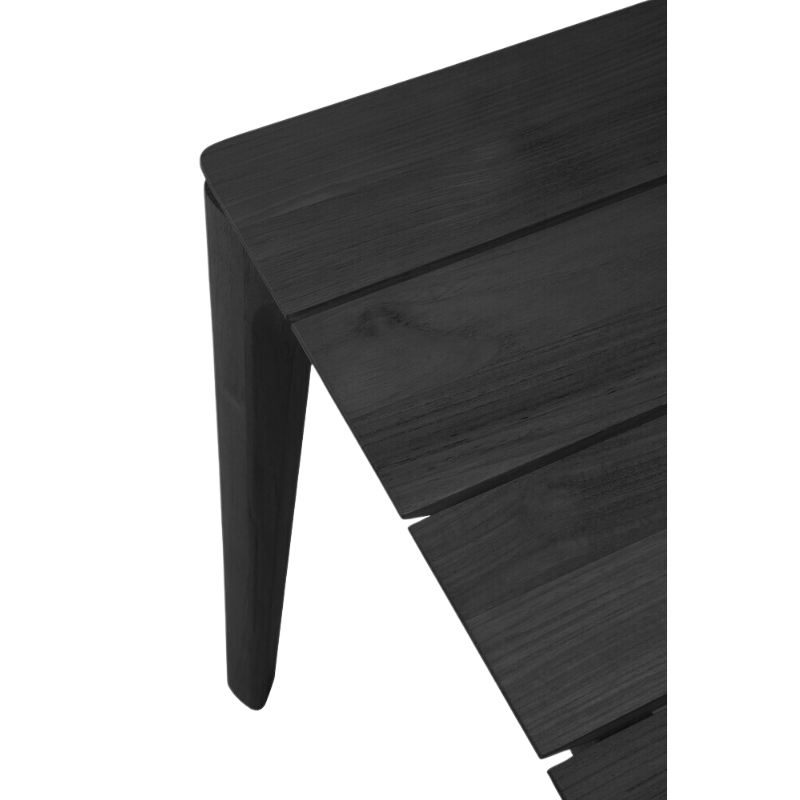The Bok Outdoor Dining Table from Ethnicraft in solid teak tainted black, with a close up on the table top.