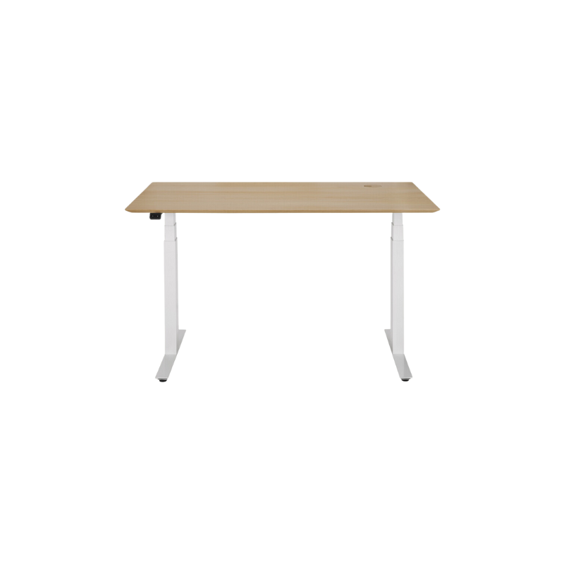 The Bok adjustable sit-stand desk in oak with white base