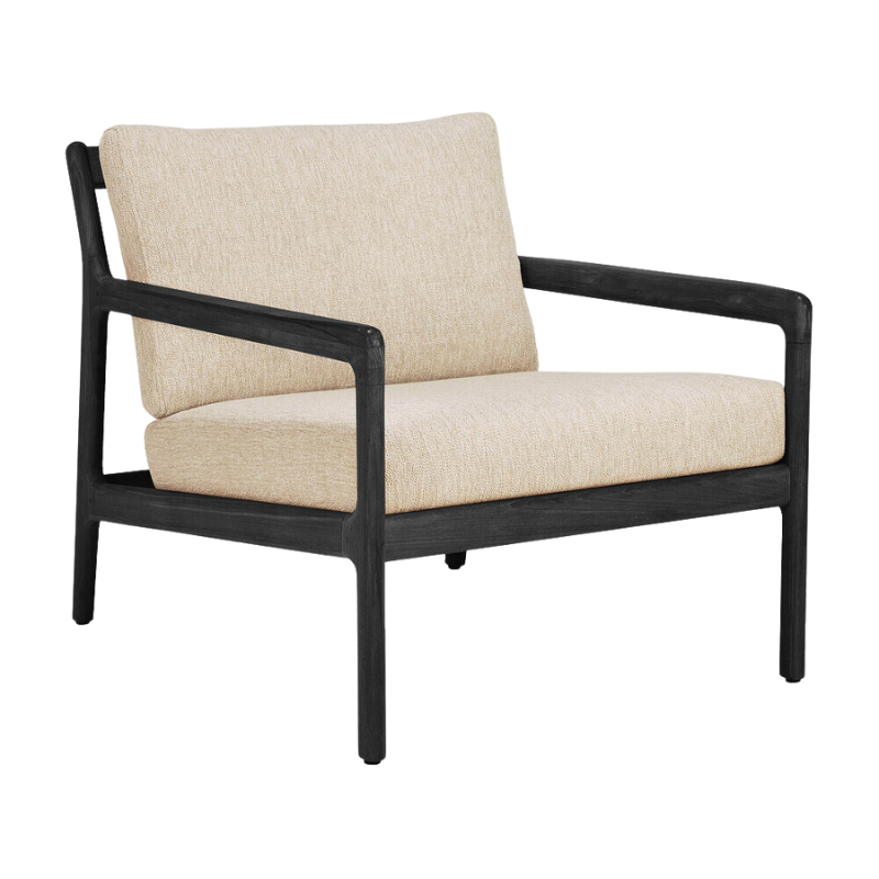 The Jack Outdoor Lounge Chair from Ethnicraft made from solid teak tainted and brushed black with the natural cushion.