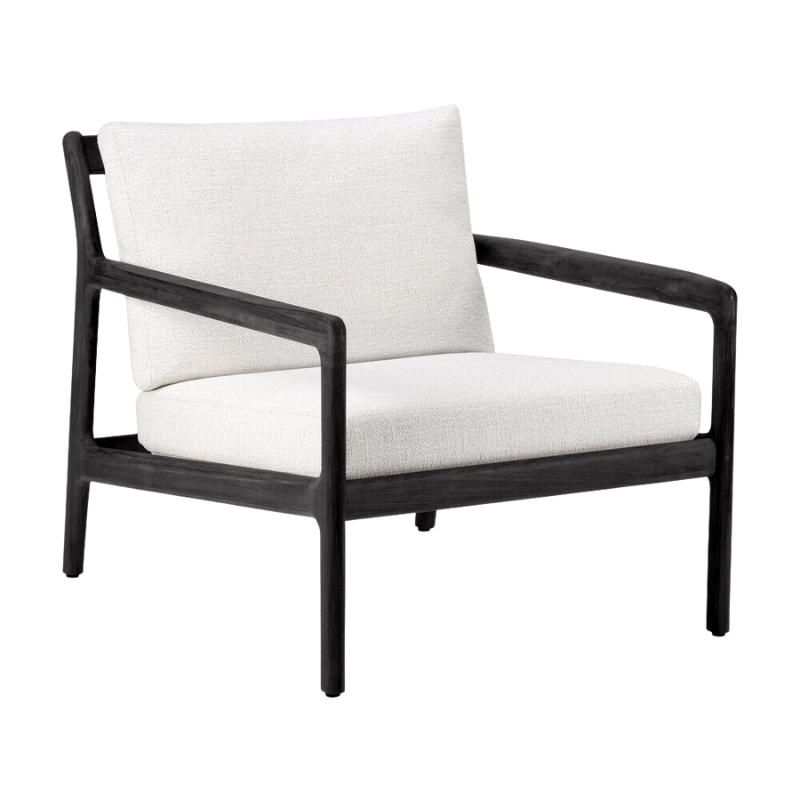 The Jack Outdoor Lounge Chair from Ethnicraft made from solid teak tainted and brushed black with the off white cushion.