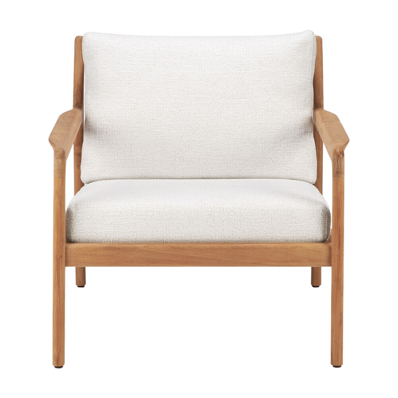 The Jack Outdoor Lounge Chair from Ethnicraft made from solid teak with the off white cushion.