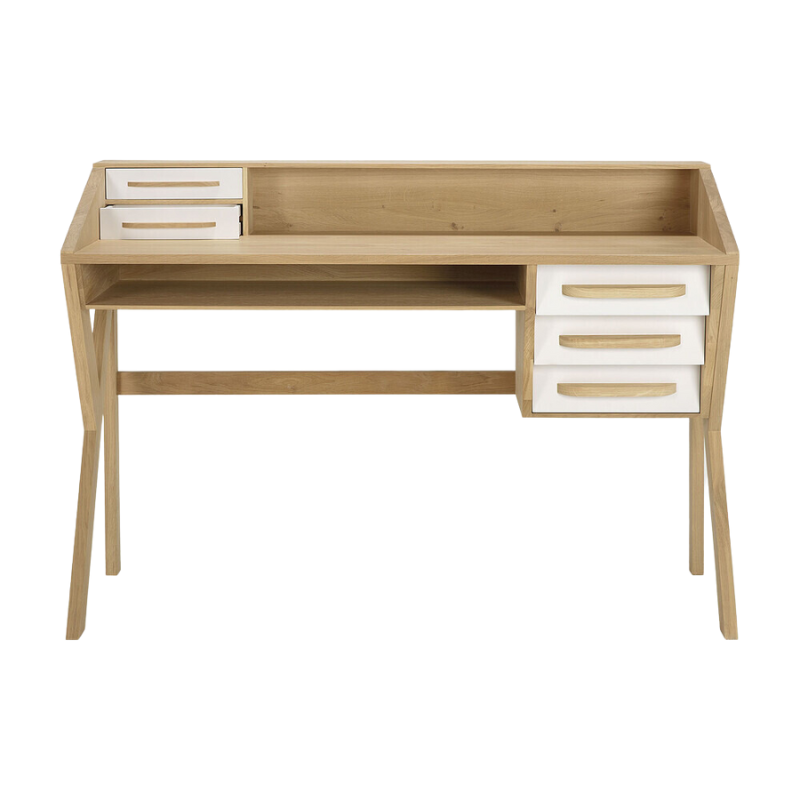 The Origami Desk from Ethnicraft with an open top drawer.