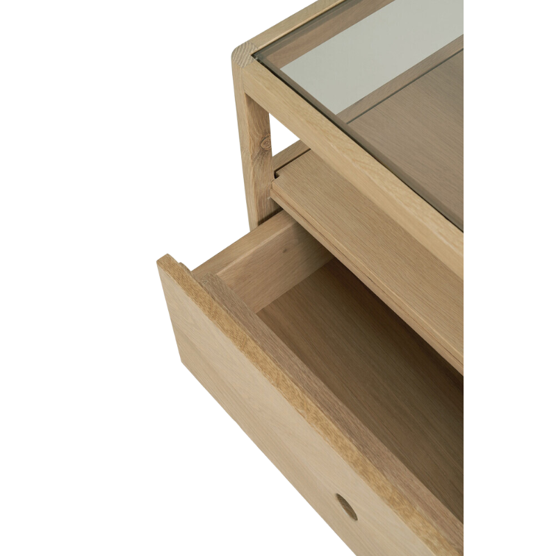 With its one drawer, open space and slightly tapered legs, the Spindle bedside table is the perfect no-nonsense companion for the striking Spindle bed.