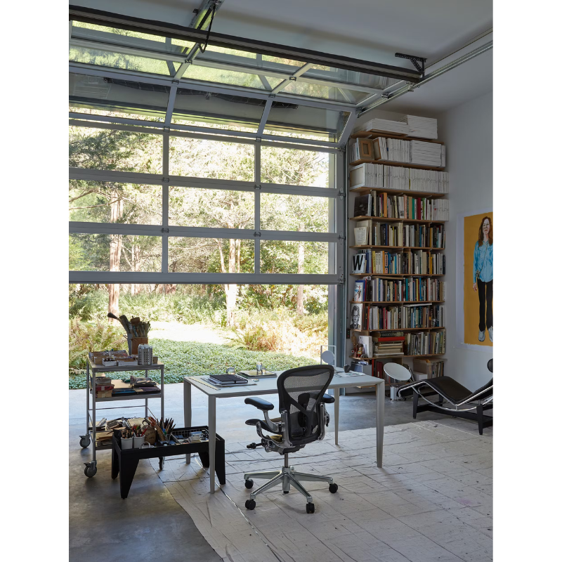 The Aeron Chair from Herman Miller in a garage converted into a work space.