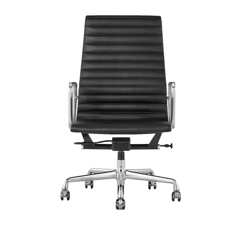The Eames Aluminum Group Chair, Executive from Herman Miller with the black leather, aluminum frame and extended height.