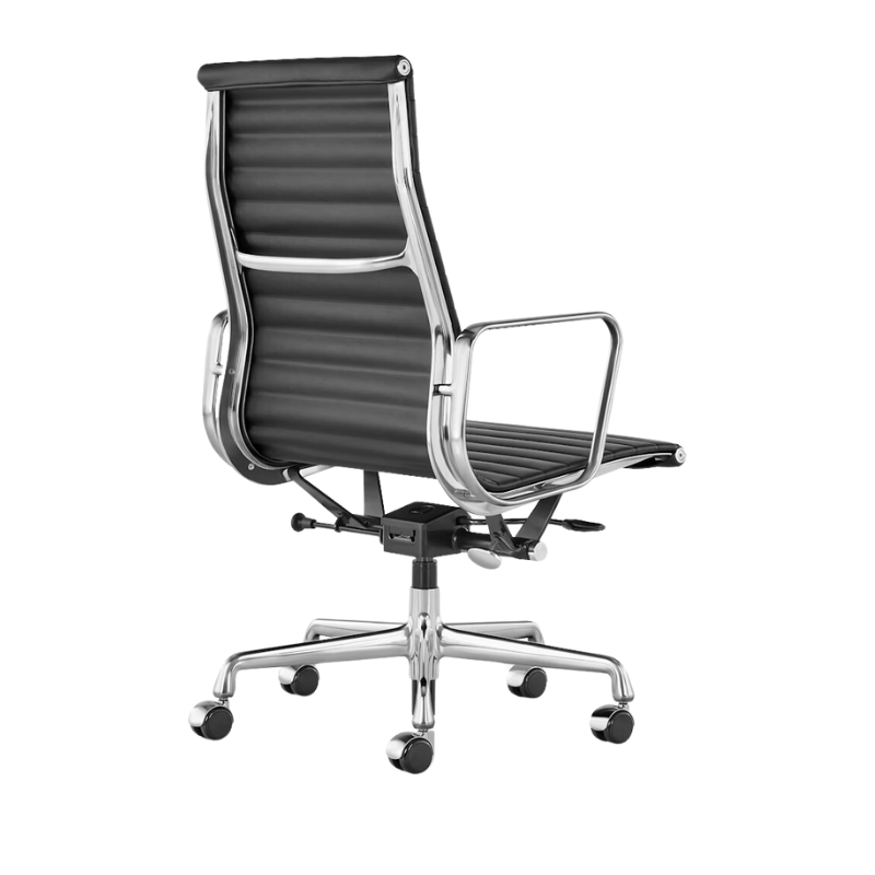 The Eames Aluminum Group Chair, Executive from Herman Miller with the black leather, aluminum frame and standard height in an angled shot.