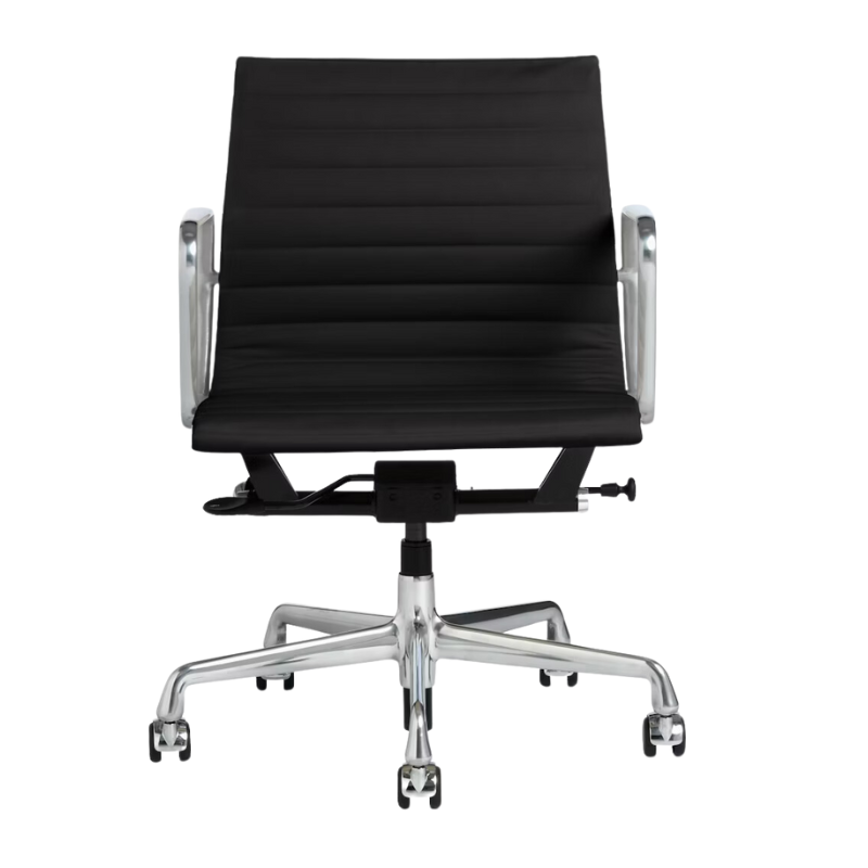 The Eames Aluminum Group Chair, Management from Herman Miller with the black leather, aluminum frame and standard height.