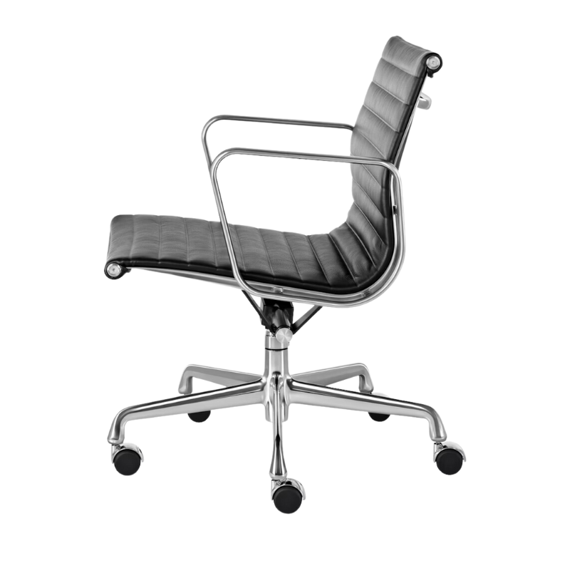The Eames Aluminum Group Chair, Management from Herman Miller with the black leather, aluminum frame and standard height, in a side shot.