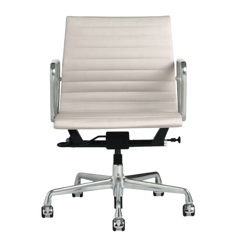 The Eames Aluminum Group Chair, Management from Herman Miller with the lotus leather, aluminum frame and extended height.