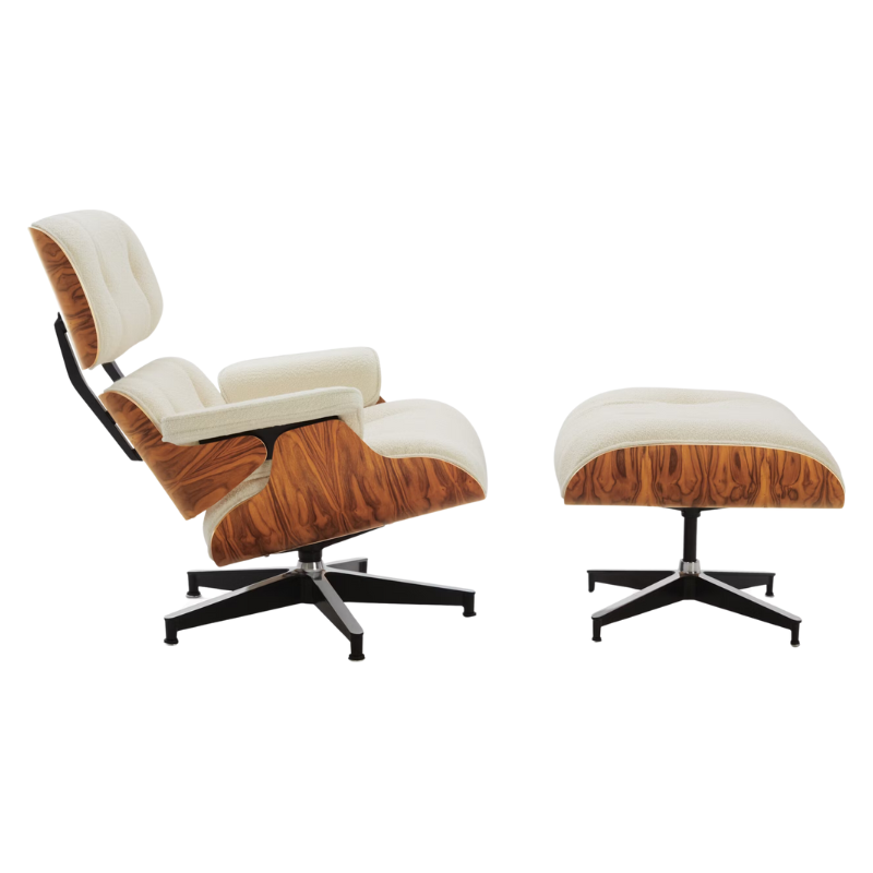 The Eames Lounge Chair and Ottoman from Herman Miller in cream flamiber upholstery with the santos palisander shell.