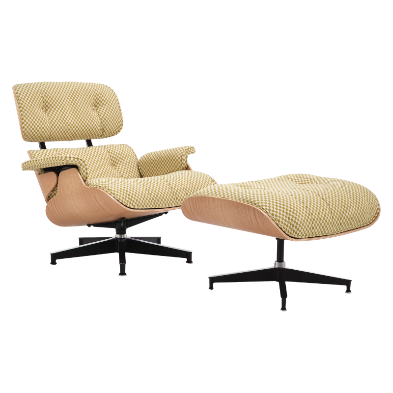 The Eames Lounge Chair and Ottoman from Herman Miller in emerald light and ivory checker upholstery with the white oak shell.