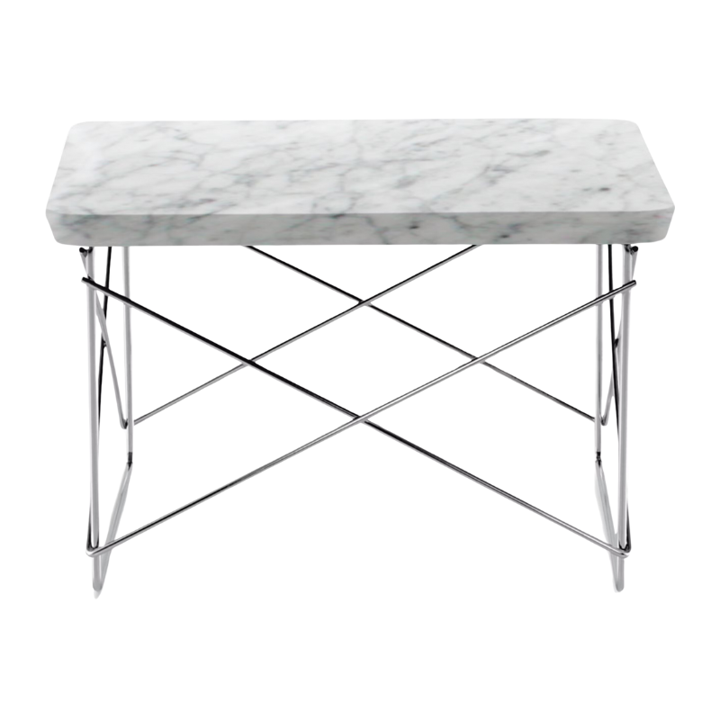 The Eames Wire Base Low Table from Herman Miller with the Carrara white marble top and chrome base.