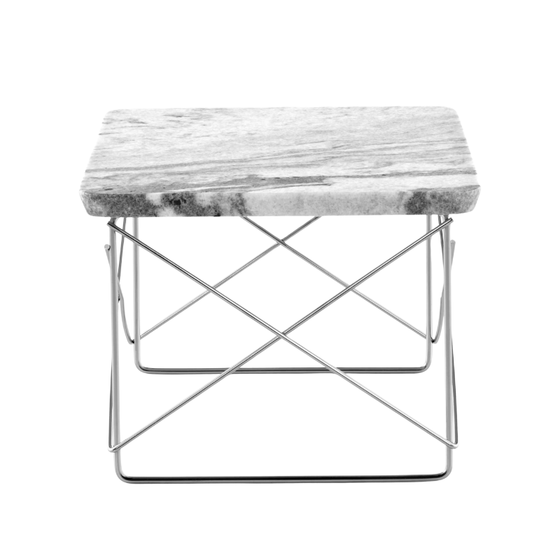 The Eames Wire Base Low Table from Herman Miller with the Georgia grey marble top and chrome base in a side shot.