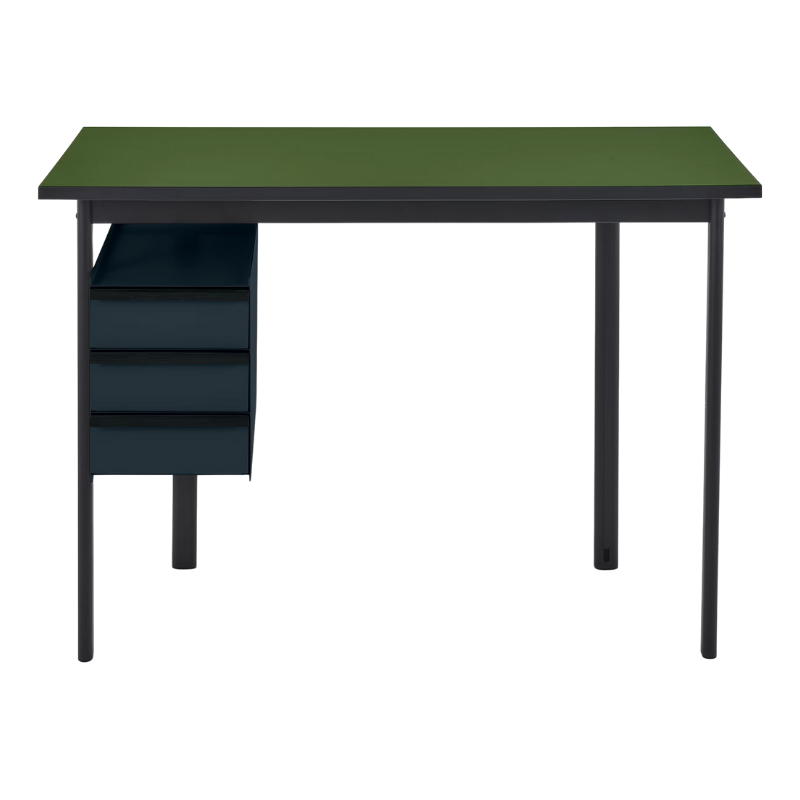 The Mode Desk from Herman Miller with the pesto laminate top with black handle and nightfall storage.
