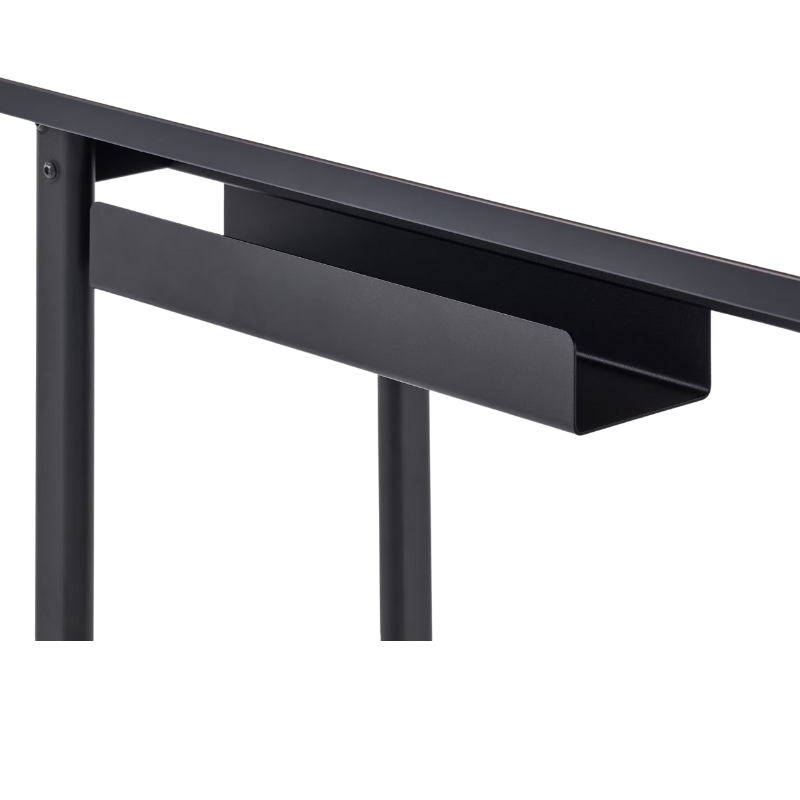 The Mode Desk from Herman Miller with the sandstone laminate top without storage focusing on the back of the desk.