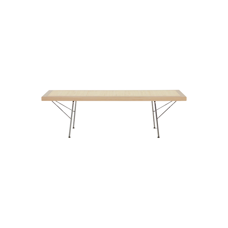Offering a pleasing mix of materials, the richly textured cane is surrounded by a wood frame and stands on metal legs. Because the cane is taut but gives ever so slightly, this bench is ideally suited for use as a seat, table, or both.