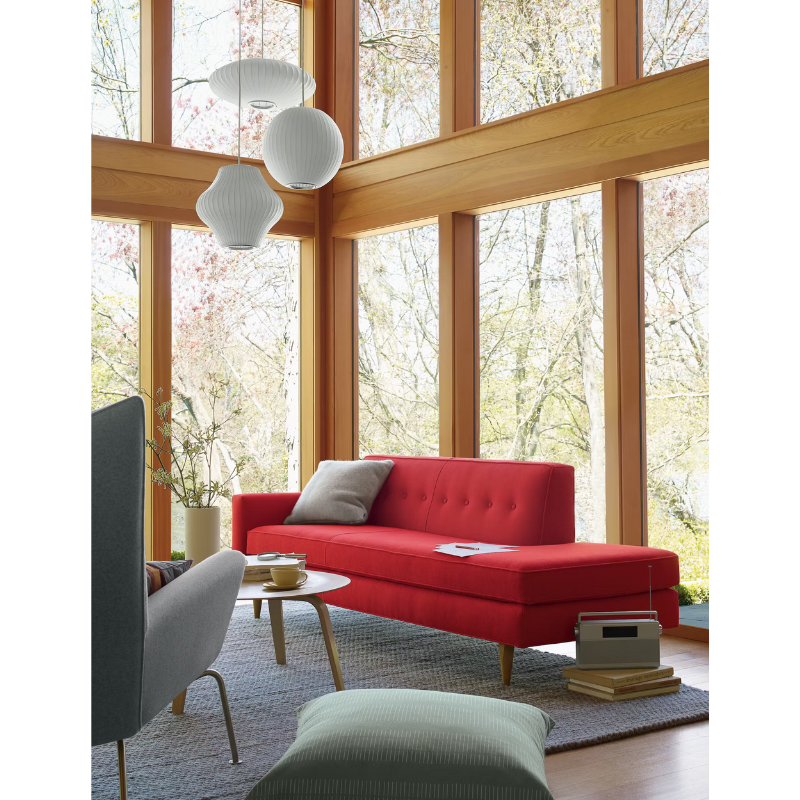 The Nelson Pear Bubble Pendant from Herman Miller in a living room.
