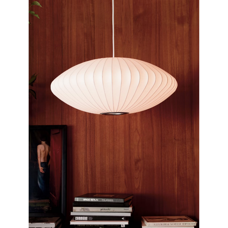 The Nelson Saucer Bubble Pendant from Herman Miller in a close up lifestyle photograph.
