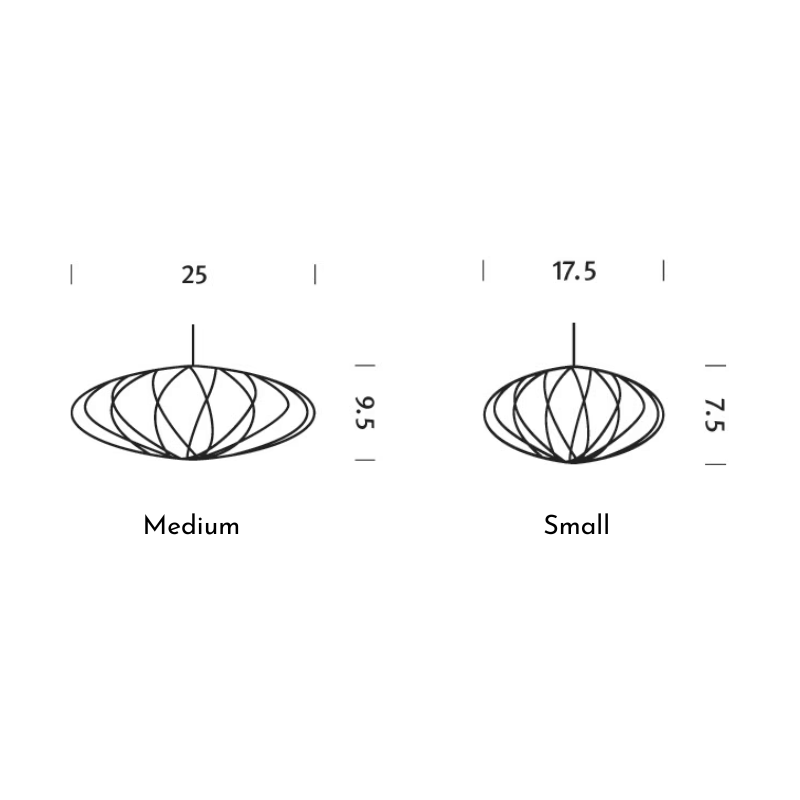 The dimensions of the small and medium Nelson Saucer Crisscross Bubble Pendant from Herman Miller.