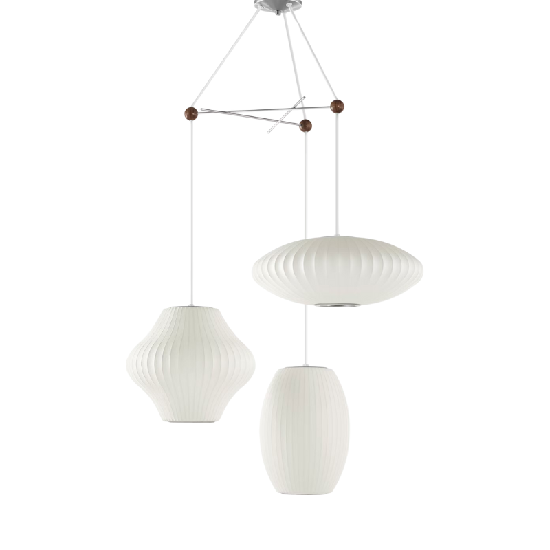 The Nelson Triple Bubble Pendant Fixture from Herman Miller in a studio shot. Please note that pendants and cords are not included.