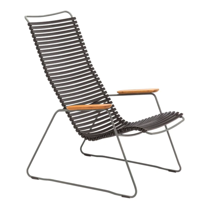 The CLICK outdoor lounge chair is an extension of the CLICK Rocking chair, offering the same level of comfort. It features lamellas with the right resilience for cushion-free comfort. These lamellas can be easily clicked on and off, allowing you to modify the chair's look by changing or mixing different colors. The CLICK Lounge chair is available in 13 colors, providing plenty of options for customization.