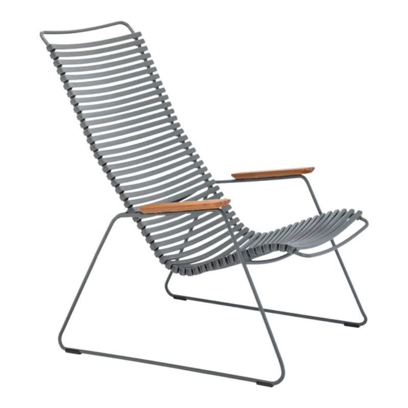 The CLICK outdoor lounge chair is an extension of the CLICK Rocking chair, offering the same level of comfort. It features lamellas with the right resilience for cushion-free comfort. These lamellas can be easily clicked on and off, allowing you to modify the chair's look by changing or mixing different colors. The CLICK Lounge chair is available in 13 colors, providing plenty of options for customization.