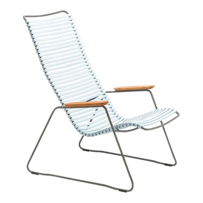 The CLICK outdoor lounge chair is an extension of the CLICK Rocking chair, offering the same level of comfort. It features lamellas with the right resilience for cushion-free comfort. These lamellas can be easily clicked on and off, allowing you to modify the chair's look by changing or mixing different colors. The CLICK Lounge chair is available in 13 colors, providing plenty of options for customization.