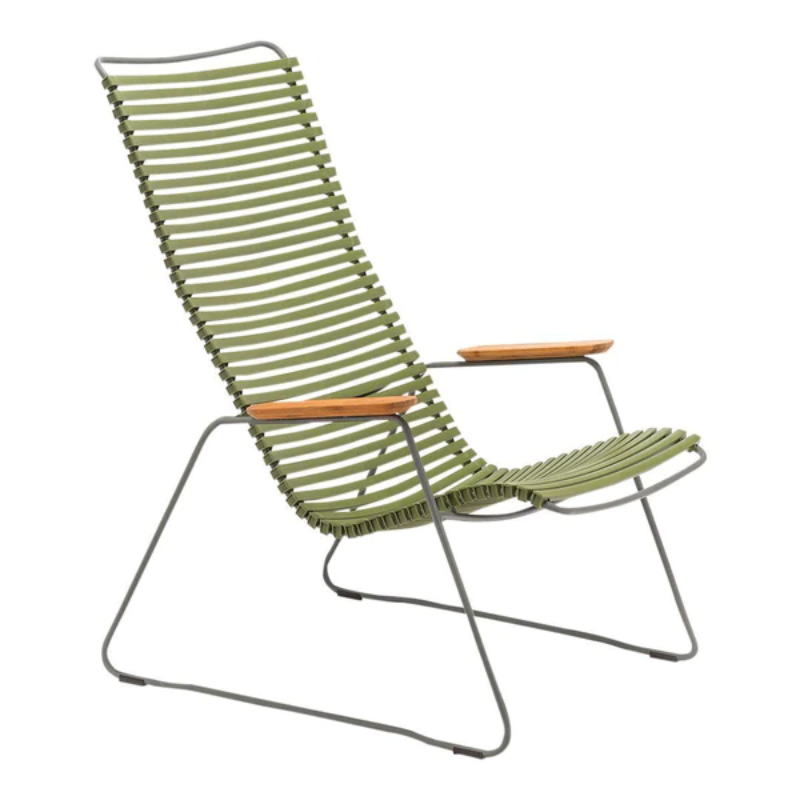 The CLICK outdoor lounge chair is an extension of the CLICK Rocking chair, offering the same level of comfort. It features lamellas with the right resilience for cushion-free comfort. These lamellas can be easily clicked on and off, allowing you to modify the chair's look by changing or mixing different colors. The CLICK Lounge chair is available in 13 colors, providing plenty of options for customization.