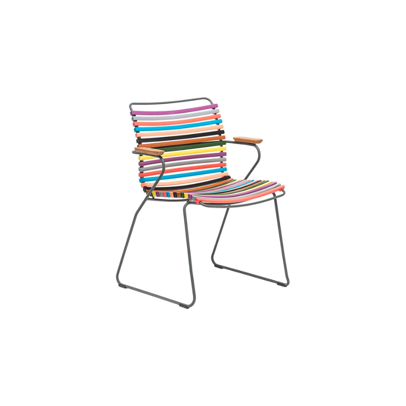CLICK outdoor dining armchair is simple, honest, and ergonomically well thought out. It is beautiful in its repetition around the table and because the slats (lamellas) can be replaced, you can mix and change the colors as often as you like. These outdoor dining chairs are stackable and easy to store.