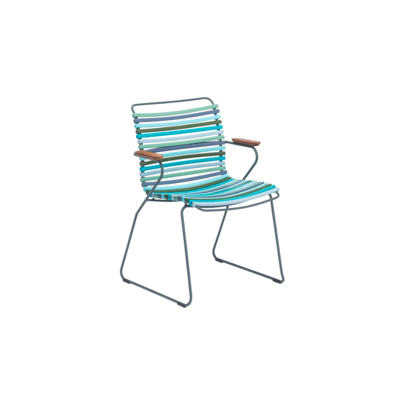 CLICK outdoor dining armchair is simple, honest, and ergonomically well thought out. It is beautiful in its repetition around the table and because the slats (lamellas) can be replaced, you can mix and change the colors as often as you like. These outdoor dining chairs are stackable and easy to store.