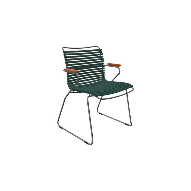 CLICK outdoor dining armchair is simple, honest, and ergonomically well thought out. It is beautiful in its repetition around the table and because the slats (lamellas) can be replaced, you can mix and change the colors as often as you like. These outdoor dining chairs are stackable and easy to store.