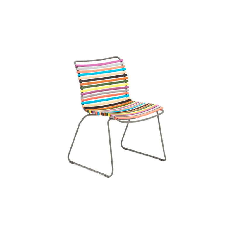 CLICK outdoor chair is simple, honest, and ergonomically well thought out. It is beautiful in its repetition around the table and because the slats (lamellas) can be replaced, you can mix and change the colors as often as you like. These outdoor dining chairs are stackable and easy to store.