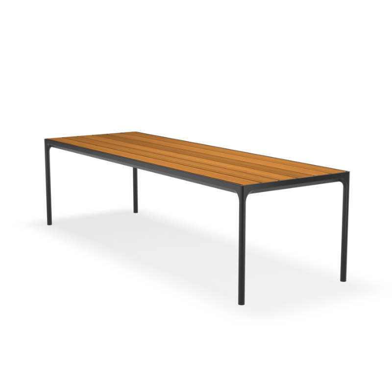 A dining table with a top and four legs – that is what you get in FOUR, no matter which size you choose. The special developed extruded profile in the table frame makes FOUR a remarkable strong table. FOUR in 4 different sizes with table top options in bamboo or black metal, with legs in powder coated black or grey aluminum.