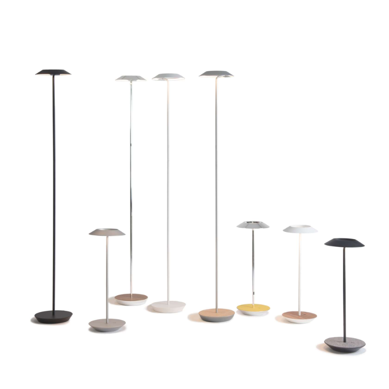 The Royyo Floor Lamp from Koncept in a studio lifestyle photograph with all body colors of the Royyo family in both the floor and table models.