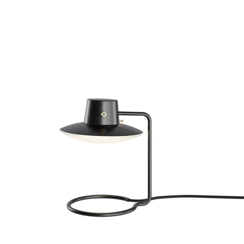 The low AJ Oxford Table Lamp from Louis Poulsen in black metal and opal.