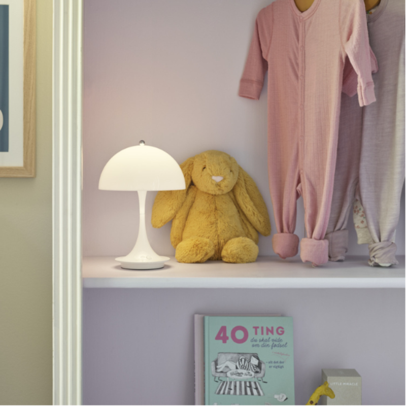 The Panthella 160 Portable from Louis Poulsen in a closet.