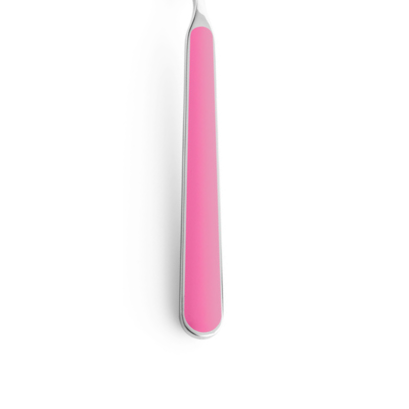 The handle color of the flatware pieces in the Fantasia 74 Piece Cutlery Set from Mepra in pink.
