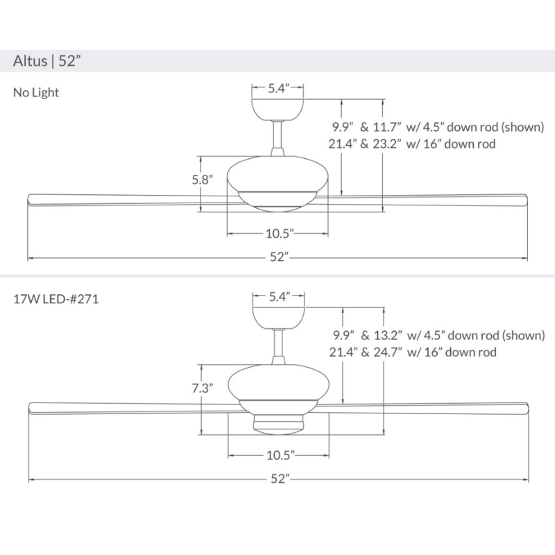 The dimensions for the Altus - 52" from The Modern Fan Co.