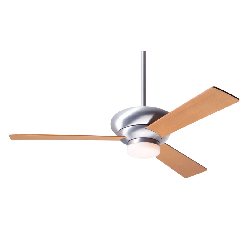 The Altus 42" suspended ceiling fan with LED option from The Modern Fan Co. with the brushed aluminum body and maple color blades.
