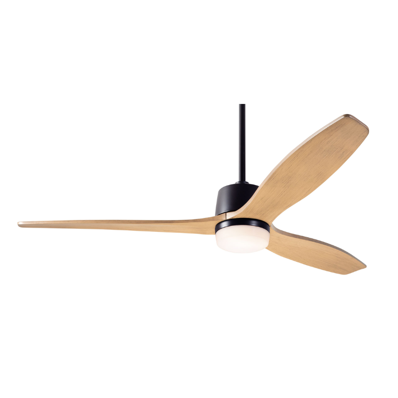 The Arbor DC LED - 54" ceiling fan by Modern Fan Co. with the dark bronze body and maple blades.
